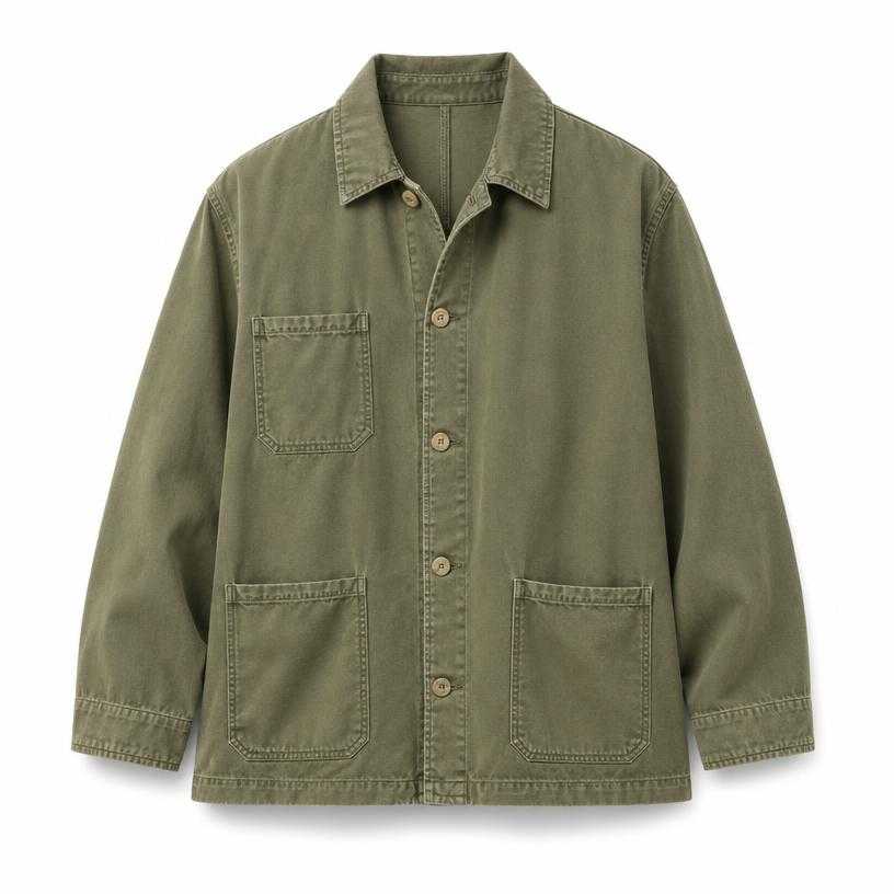 Generated item image of relaxed muted olive green collared cotton canvas chore jacket