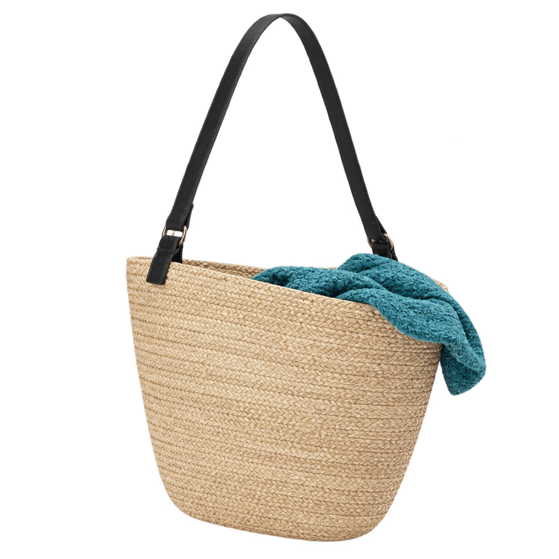 Generated item image of beige_tan black strap woven straw-like material shoulder bag