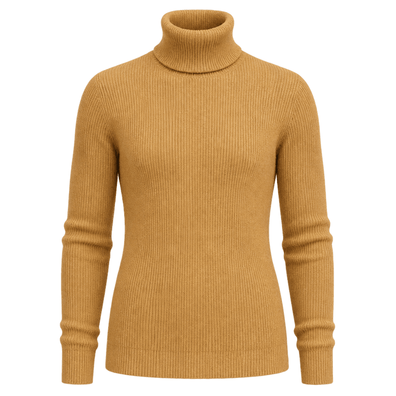 Generated item image of fitted mustard tan high neck ribbed knit turtleneck sweater