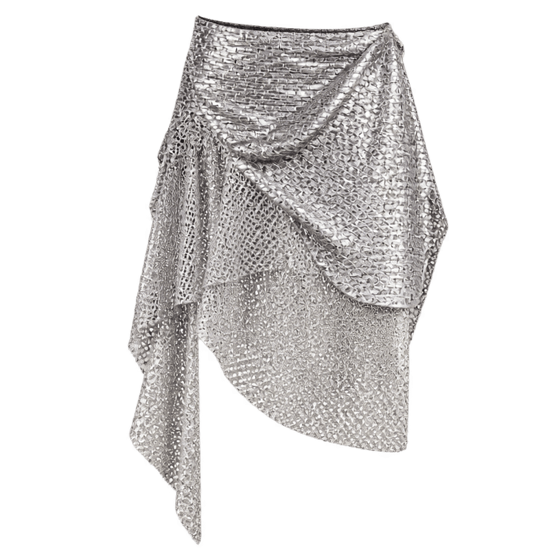 Generated item image of relaxed metallic silver asymmetric drape mesh skirt overlay