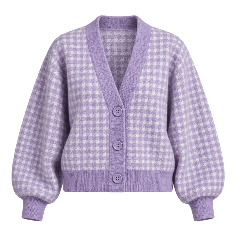 Generated item image of relaxed lavender and white checked fuzzy knit cardigan