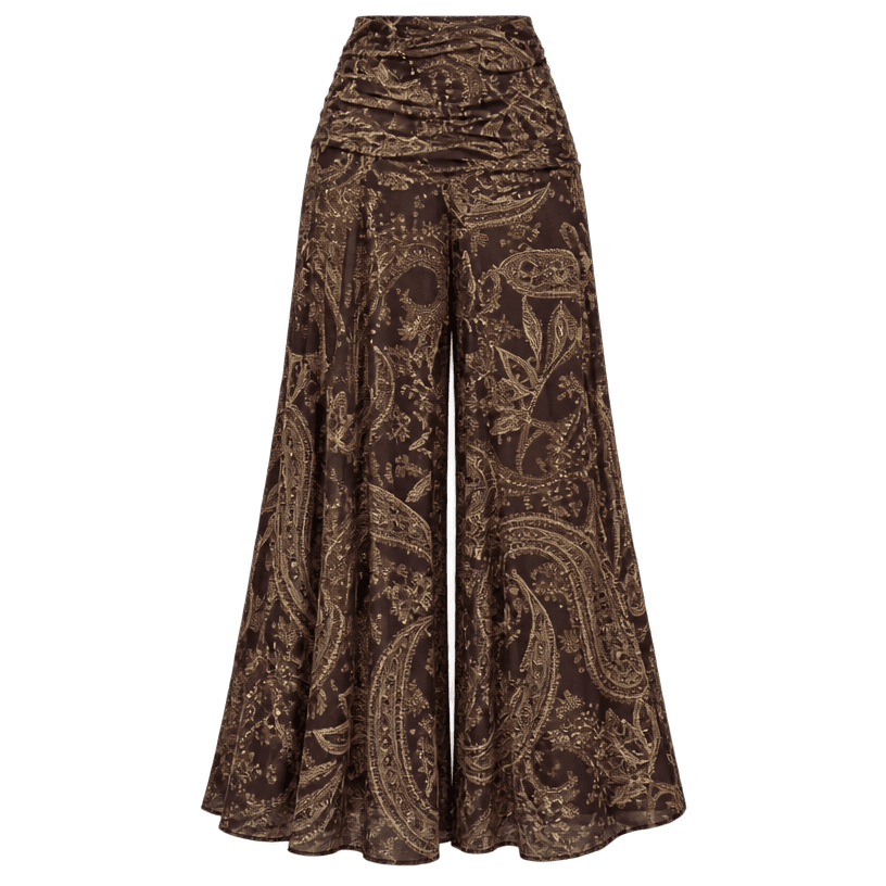 Generated item image of relaxed dark brown with beige-gold pattern wide-leg lightweight draped fabric trousers